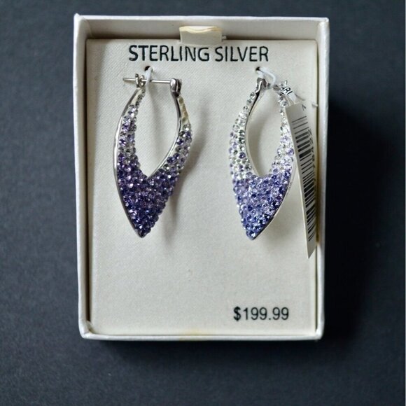 Sterling Silver Polished Diamond Shape Hoop Purple Ombre Crystal Earrings New - Picture 2 of 3